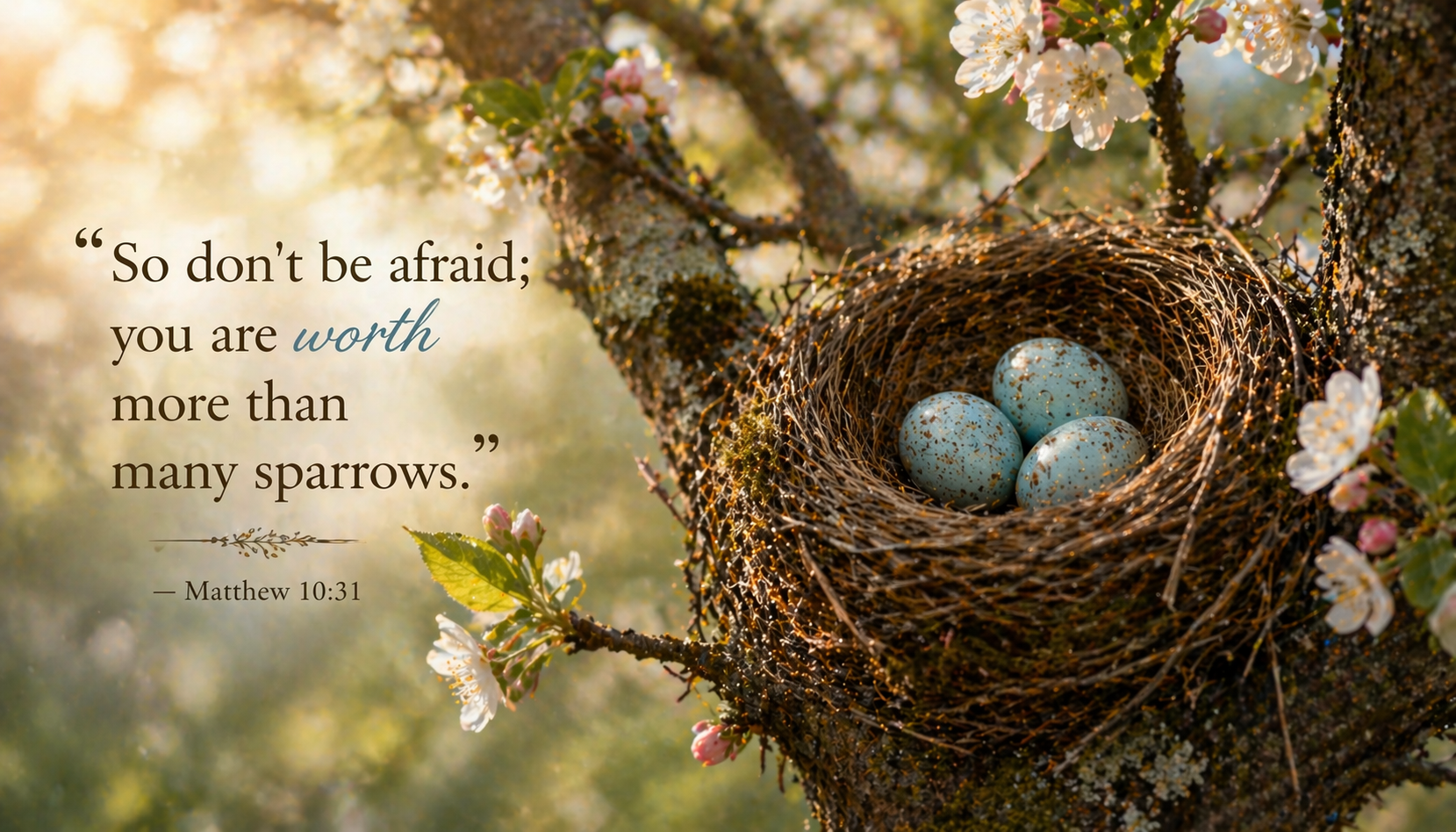 Matthew 10:31 wallpaper three blue eggs in bird nest on flowering branch morning light - worth more